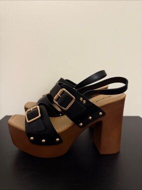 Qupid Black & Tan Platform Slingback Heels with Gold Buckles